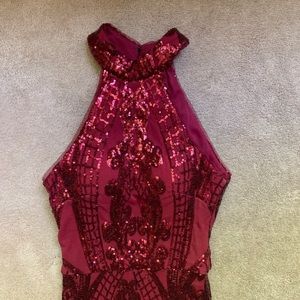 Camille La Vie Burgundy Sequined Prom Dress